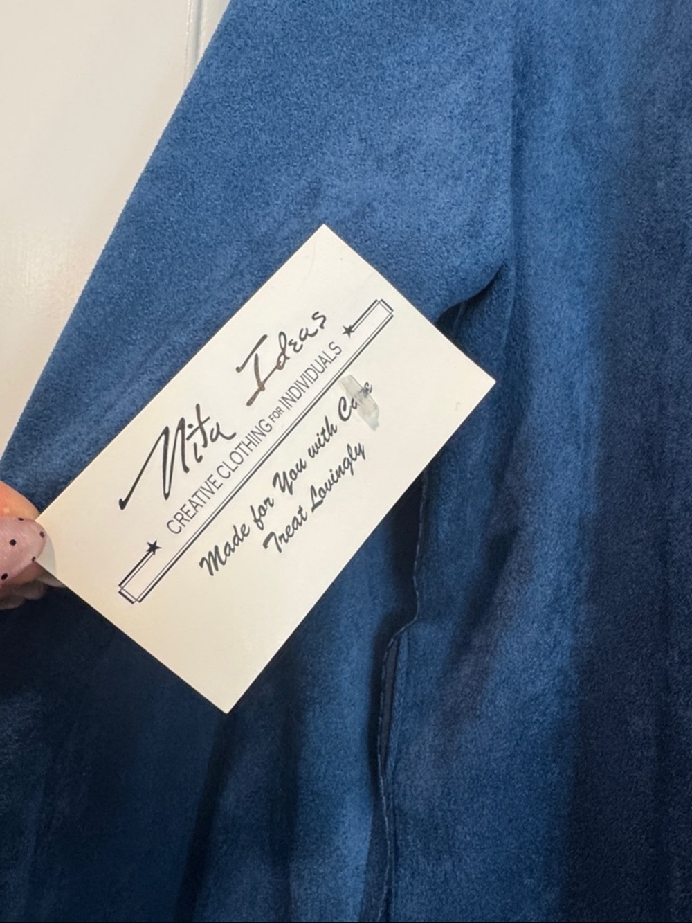 NWT Blue Suede Long Duster Coat Cutout Perforated Hem & attached sheer scarf SzM - Picture 10 of 11